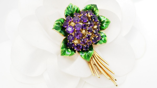 Broche En Or Jaune, Améthystes Et Email