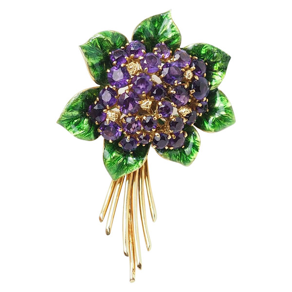 Broche En Or Jaune, Améthystes Et Email