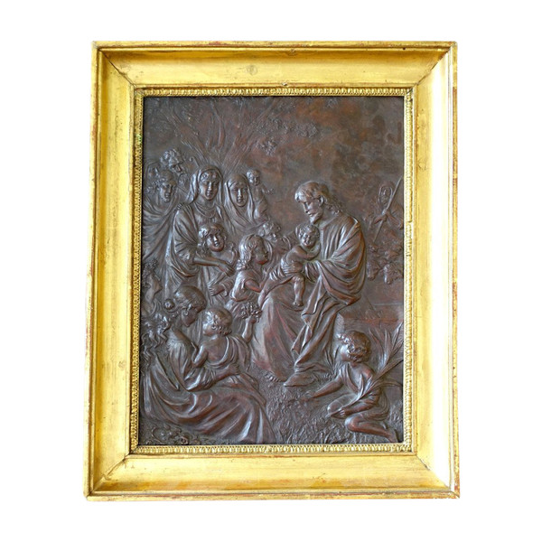 Dipinto in rame repoussé, Cristo "Lasciate che i bambini vengano a me" epoq. Restauro