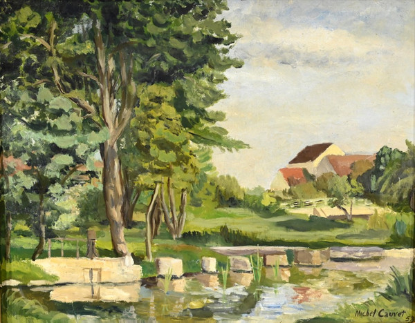 Peinture à l’Huile sur Bois, signée M.Cauvet – 1958