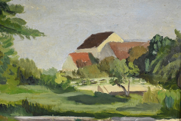 Peinture à l’Huile sur Bois, signée M.Cauvet – 1958