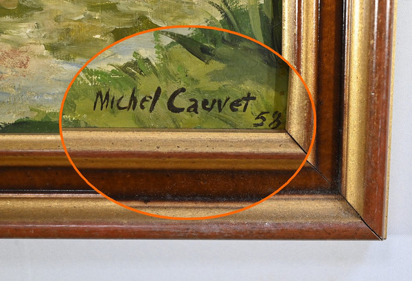 Peinture à l’Huile sur Bois, signée M.Cauvet – 1958