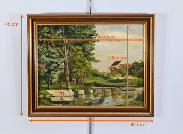 Peinture à l’Huile sur Bois, signée M.Cauvet – 1958