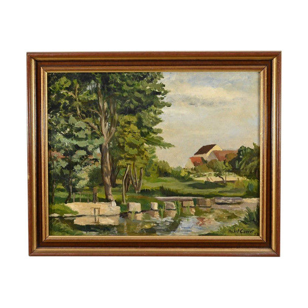 Peinture à l’Huile sur Bois, signée M.Cauvet – 1958