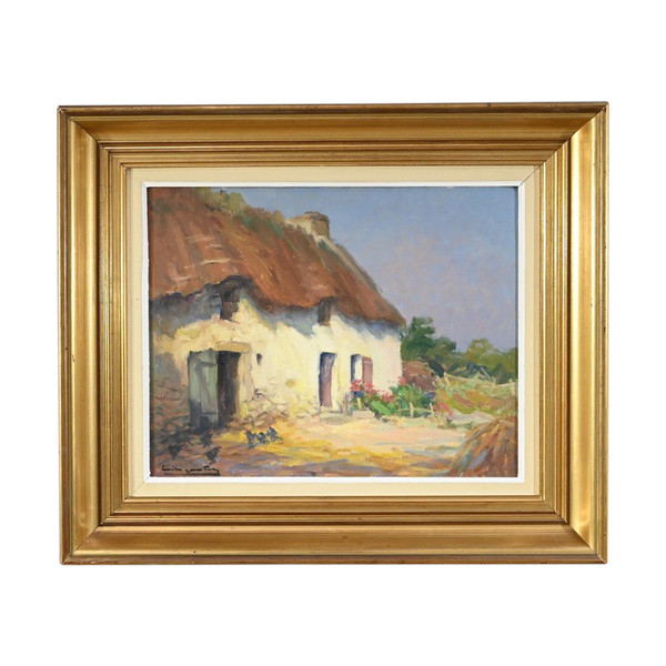 Huile sur Bois « Maison en Brière », signée E. Gautier – 1955