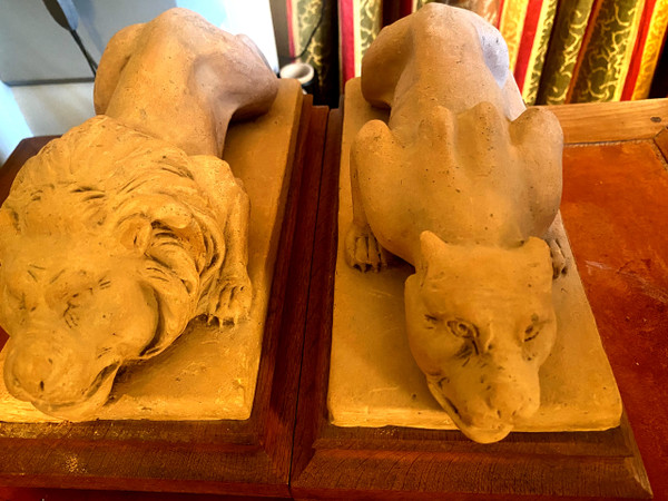 Leone e leonessa in argilla da studio, progetto di doccione di Geoffroy, seguace di Viollet-le-Duc, XIX secolo