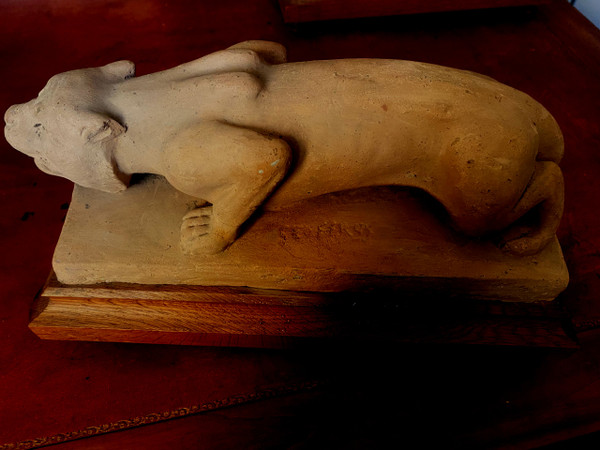 Leone e leonessa in argilla da studio, progetto di doccione di Geoffroy, seguace di Viollet-le-Duc, XIX secolo