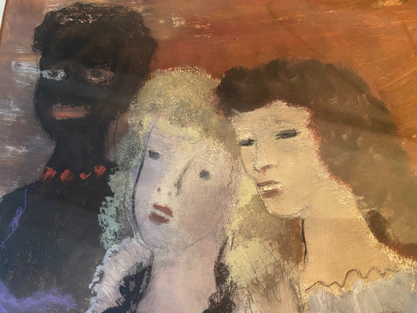Erstaunliche Gouache-Zeichnung von Sigismond Olesiewicz, genannt "Jean Olin" (1891 Ukraine - Paris 1972) drei Frauen hinter den Kulissen ...
