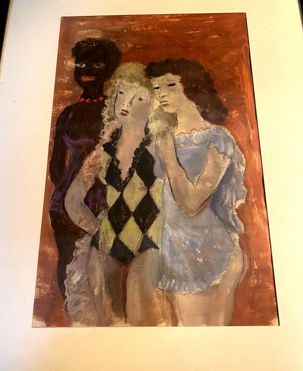 Erstaunliche Gouache-Zeichnung von Sigismond Olesiewicz, genannt "Jean Olin" (1891 Ukraine - Paris 1972) drei Frauen hinter den Kulissen ...