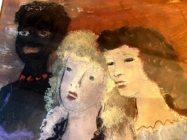 Erstaunliche Gouache-Zeichnung von Sigismond Olesiewicz, genannt "Jean Olin" (1891 Ukraine - Paris 1972) drei Frauen hinter den Kulissen ...