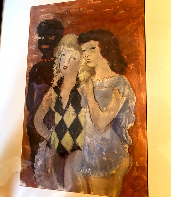 Erstaunliche Gouache-Zeichnung von Sigismond Olesiewicz, genannt "Jean Olin" (1891 Ukraine - Paris 1972) drei Frauen hinter den Kulissen ...