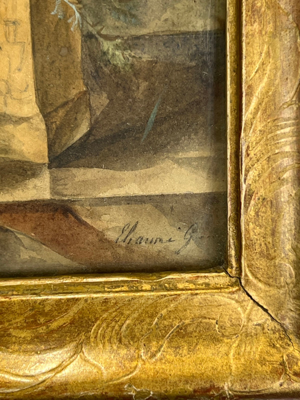 XVIIIth CENTURY FRAME IN SCULPTTED AND GILDED WOOD AND XVIIIth CENTURY AQUARELLE WITH SIGNED FLORAL DECOR