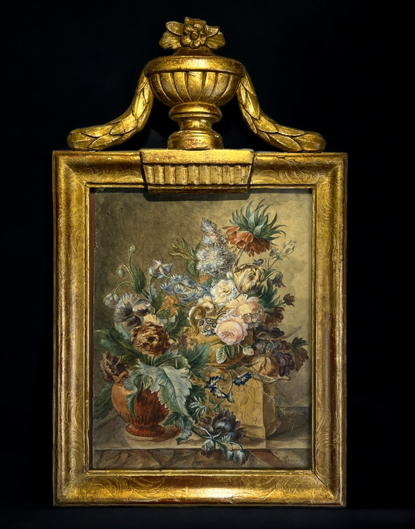 XVIIIth CENTURY FRAME IN SCULPTTED AND GILDED WOOD AND XVIIIth CENTURY AQUARELLE WITH SIGNED FLORAL DECOR