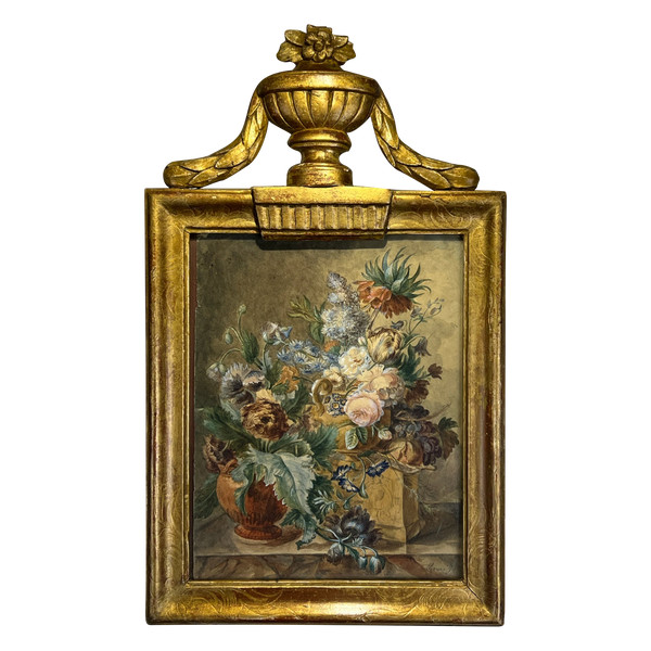 QUADRO DEL XVIII SECOLO IN LEGNO DORATO E SCULTURATO E ACQUARELLO DEL XVIII SECOLO CON DECORO FLOREALE FIRMATO