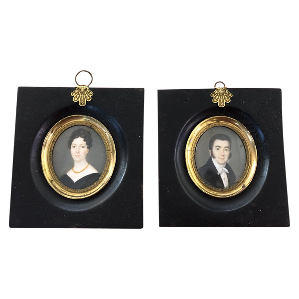 Old pair of miniatures from the EMPIRE period, portrait of a couple, 19th century painting