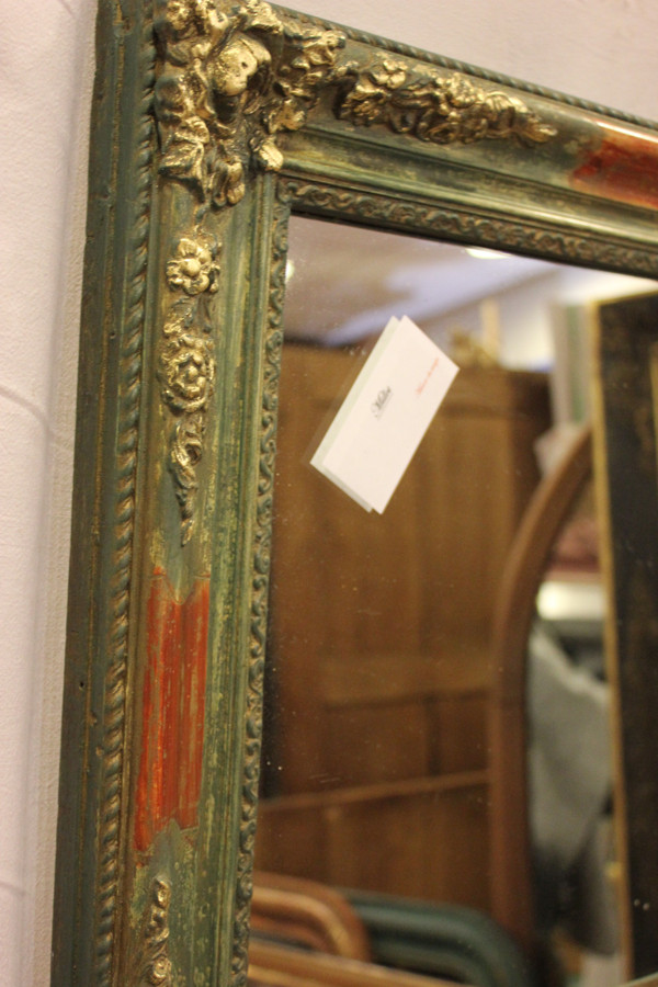 Small Rectangle Mirror, Green Tone Patina and Gold Leaf 49 x 62 Cm