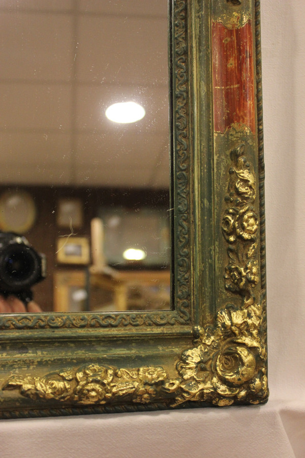 Small Rectangle Mirror, Green Tone Patina and Gold Leaf 49 x 62 Cm