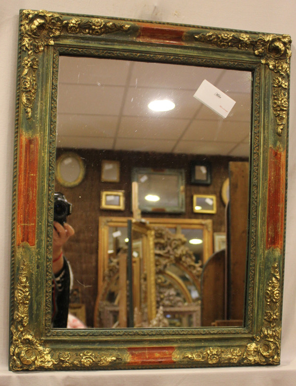 Small Rectangle Mirror, Green Tone Patina and Gold Leaf 49 x 62 Cm