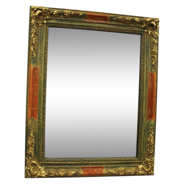 Small Rectangle Mirror, Green Tone Patina and Gold Leaf 49 x 62 Cm