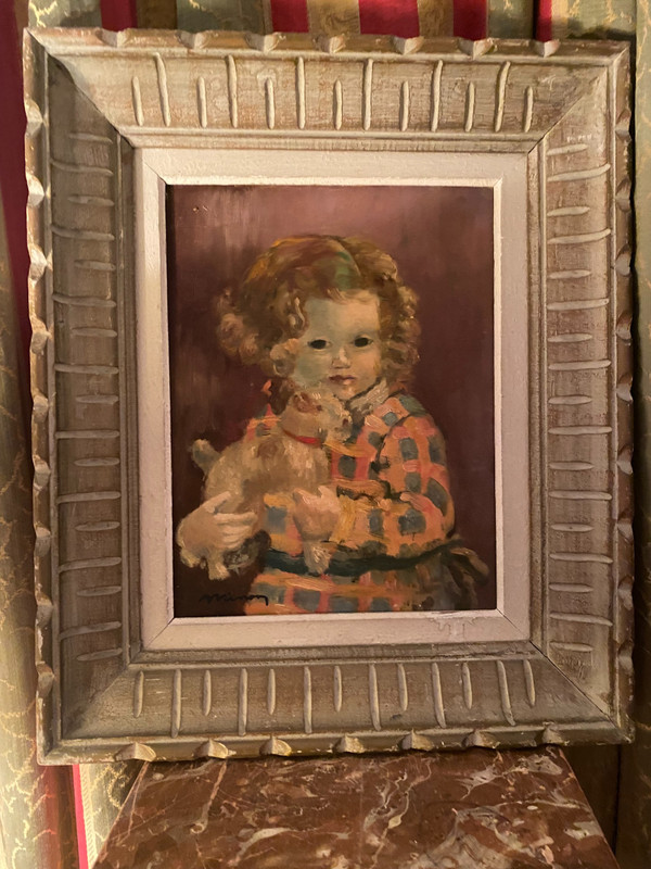 Öl auf Holz aus den 50er/60er Jahren, gerahmt von einem kleinen Mädchen, das ihr Lieblingsspielzeug „ihren ausgestopften Foxterrier“ hält