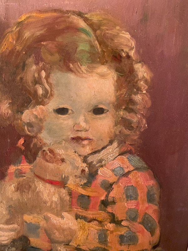 Öl auf Holz aus den 50er/60er Jahren, gerahmt von einem kleinen Mädchen, das ihr Lieblingsspielzeug „ihren ausgestopften Foxterrier“ hält