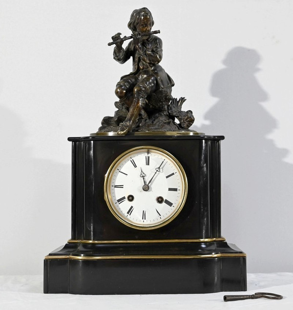 Marble and Bronze Clock “The Flute Player” - Mid-19th Century