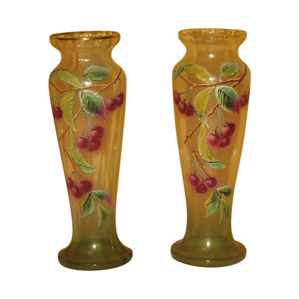 Pair of enameled glass vases decorated with cherries, early 20th century