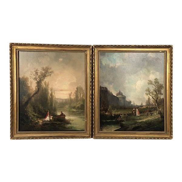 Pair of oils on canvas, 19th century animated landscapes