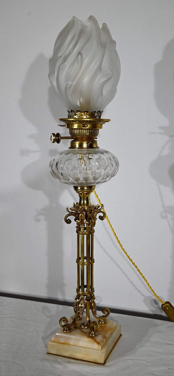Importante Lampada ad Olio Elettrificata in Ottone e Onice – Fine XIX Secolo