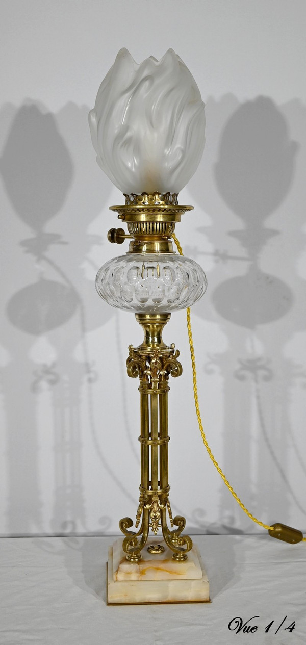 Importante Lampada ad Olio Elettrificata in Ottone e Onice – Fine XIX Secolo