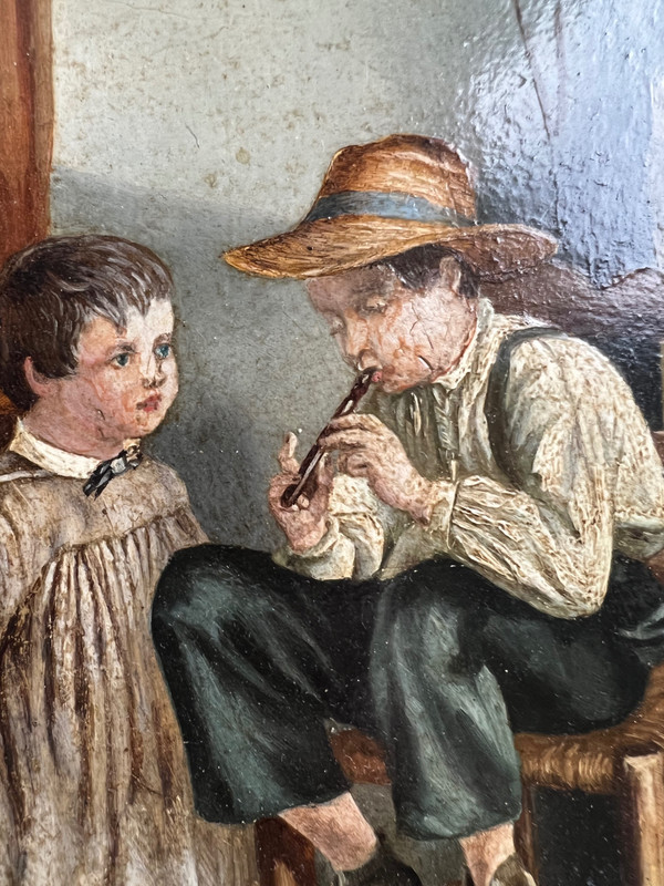 Tableau peinture huile scene de musique par Cox d'après Pierre Edouard Freres 