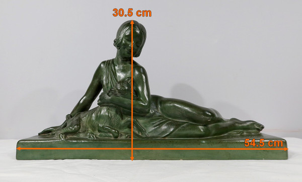 Sculpture «  La Demoiselle et le Chevreau », par A. Godard, Art Déco  – Début XXe