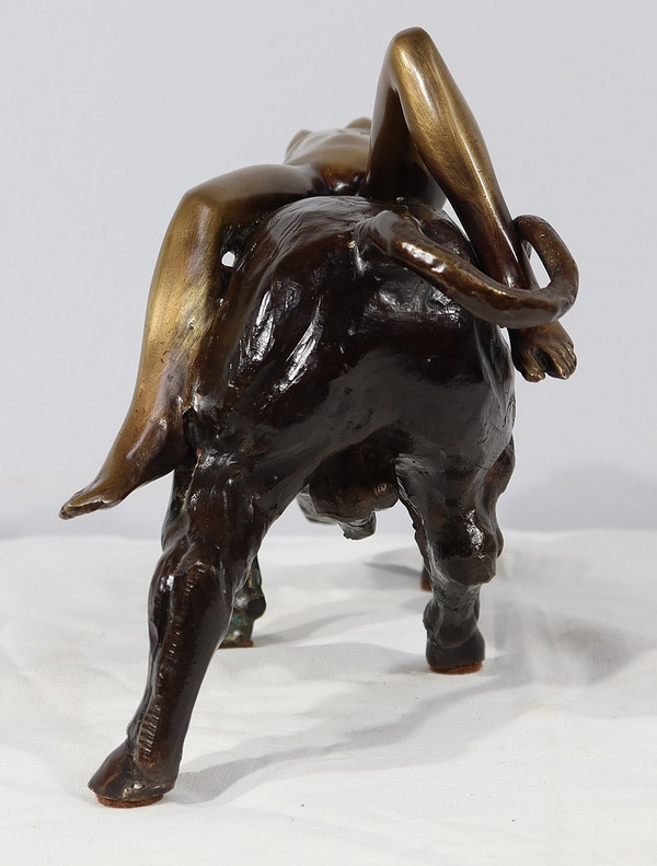 Bronze „Die Göttin Europa trifft den Stier“, signiert Majera – 20. Jahrhundert