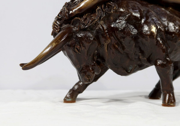 Bronze „Die Göttin Europa trifft den Stier“, signiert Majera – 20. Jahrhundert