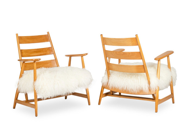 Pair of “lounge” armchairs in blond beech. 1950s
