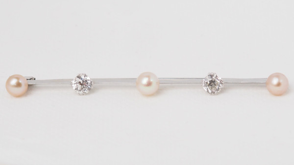 Broche barrette ancienne en or blanc diamants et perles de culture