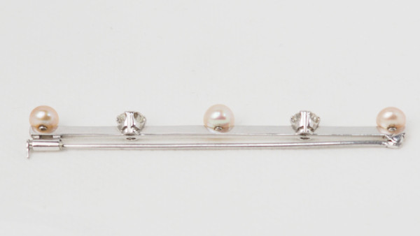 Broche barrette ancienne en or blanc diamants et perles de culture
