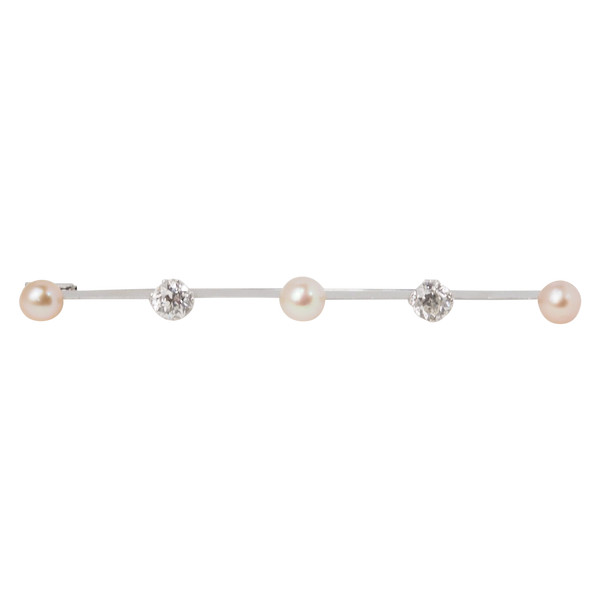 Old barrette brooch in white gold with diamonds and cultured pearls