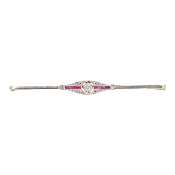 Yellow gold ruby and diamond barrette brooch