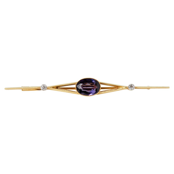 Yellow gold amethyst and diamond barrette brooch