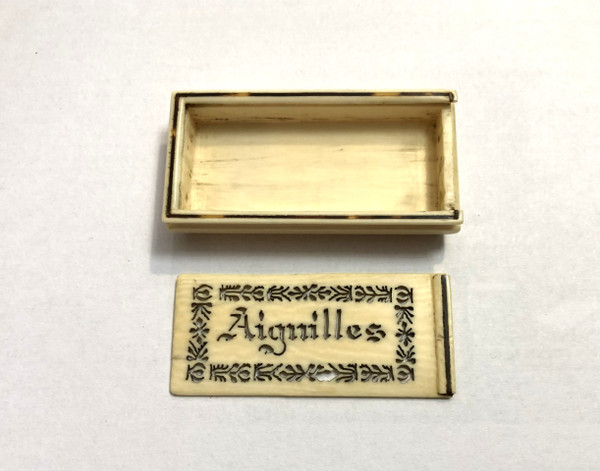 Old carved and openwork ivory needle box Travel/sewing kit Late 19th century