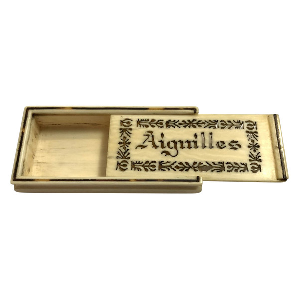 Old carved and openwork ivory needle box Travel/sewing kit Late 19th century