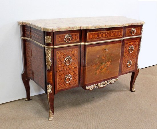  Commode en Marqueterie, style transition Louis XV / Louis XVI – Fin XIXe 