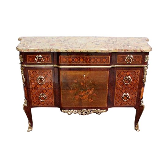  Commode en Marqueterie, style transition Louis XV / Louis XVI – Fin XIXe 