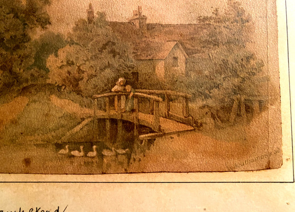 Très fin dessin à l'aquarelle 19ème Anglais d'une scène rurale d'une femme accompagnée de son fils sur un pont regardant les cygnes