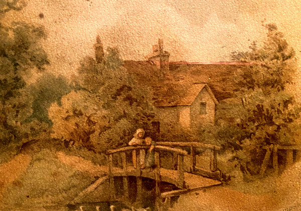Très fin dessin à l'aquarelle 19ème Anglais d'une scène rurale d'une femme accompagnée de son fils sur un pont regardant les cygnes