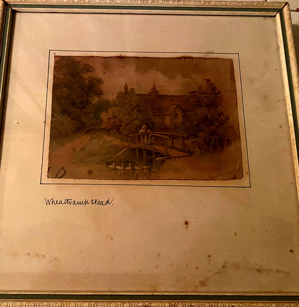 Très fin dessin à l'aquarelle 19ème Anglais d'une scène rurale d'une femme accompagnée de son fils sur un pont regardant les cygnes