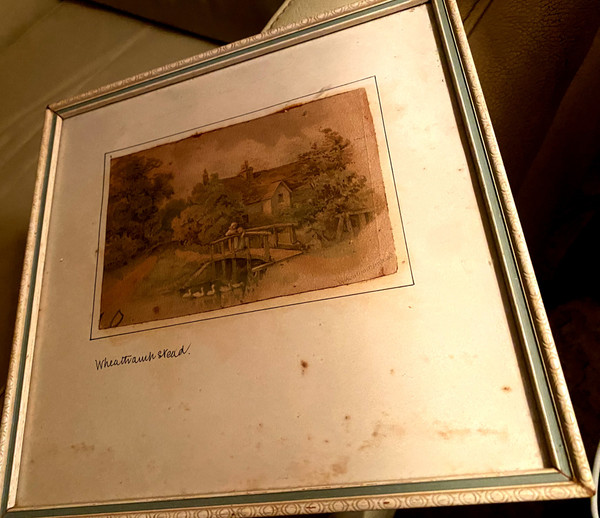 Très fin dessin à l'aquarelle 19ème Anglais d'une scène rurale d'une femme accompagnée de son fils sur un pont regardant les cygnes