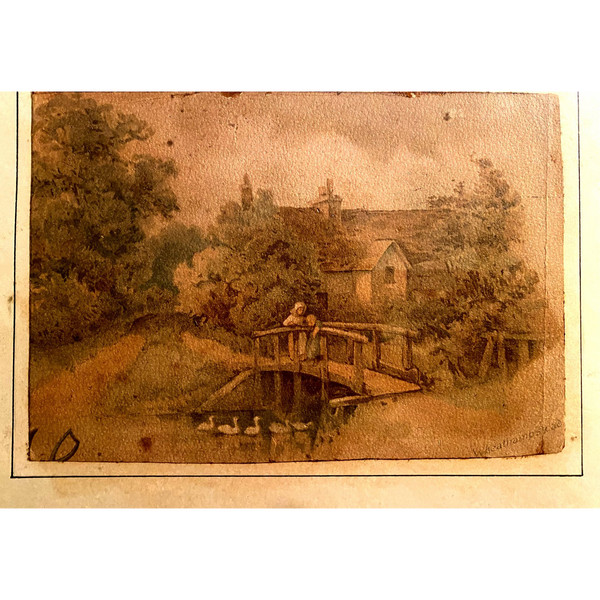 Très fin dessin à l'aquarelle 19ème Anglais d'une scène rurale d'une femme accompagnée de son fils sur un pont regardant les cygnes