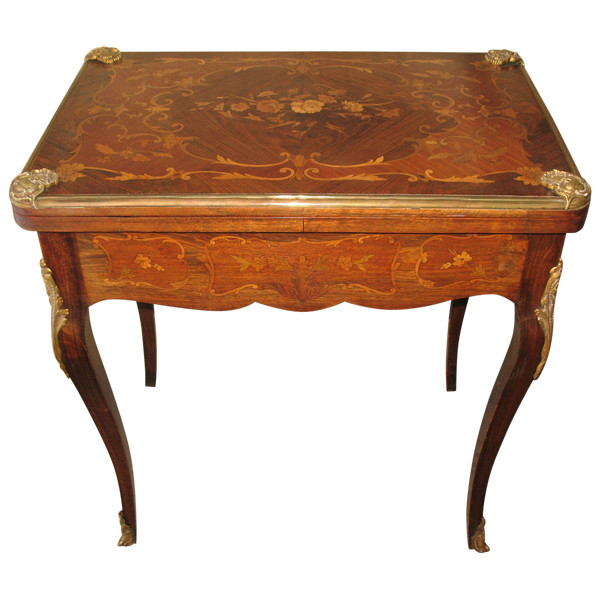 Louis XV style gilt bronze and marquetry games table, late 19th century period